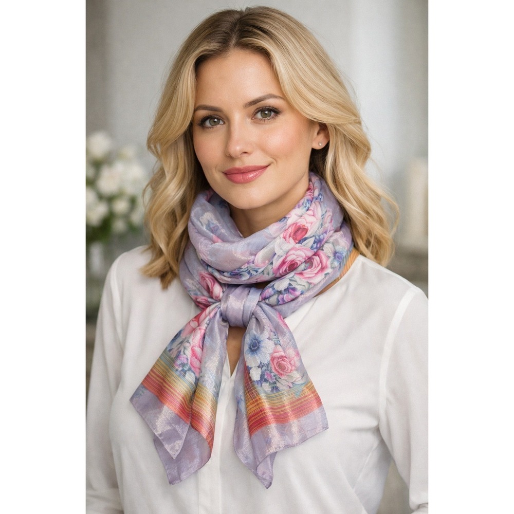 Lavender Floral Scarf Metallic Lurex Shimmer Pink Rose Rainbow Stripe Border - Picture 2 of 7